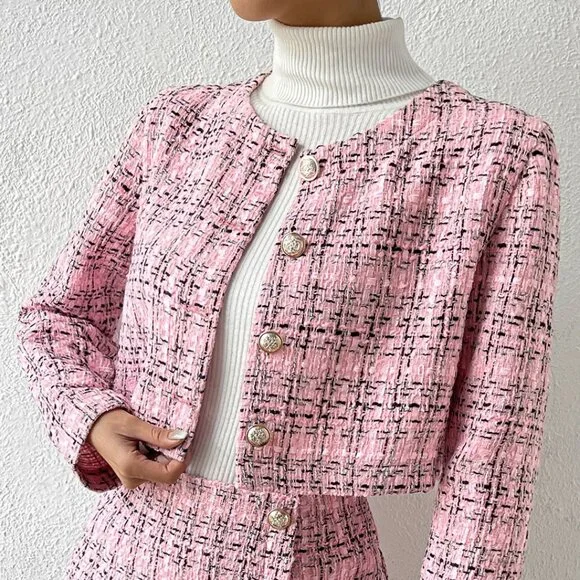 Pink Elegant Women's Plaid Button Front Crop Jacket & Skirt - Picture 3 of 6